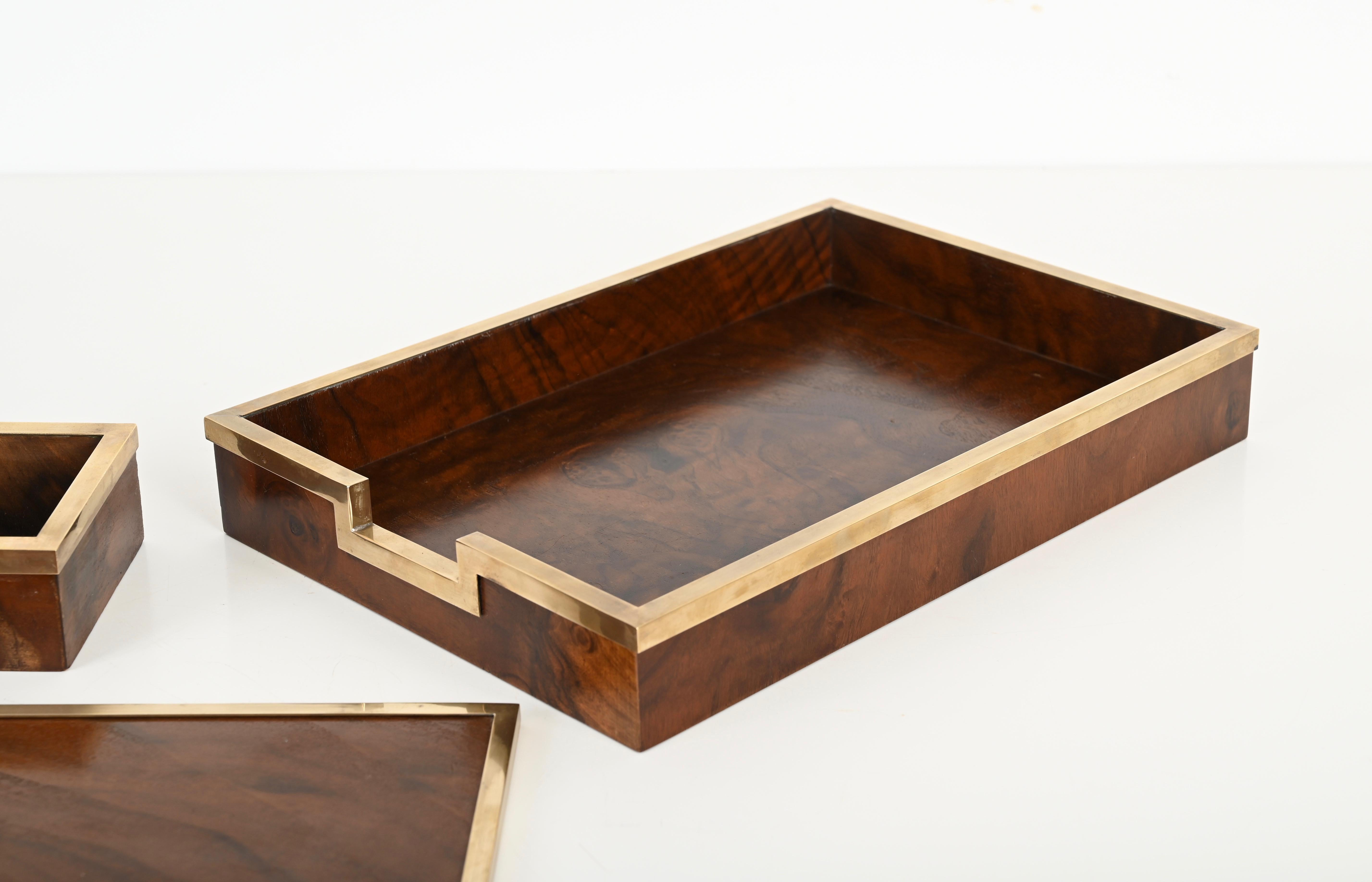 Hand-Crafted Signed Tommaso Barbi Mid-Century Desk Set of 5 in Burl and Brass, Italy 1970s