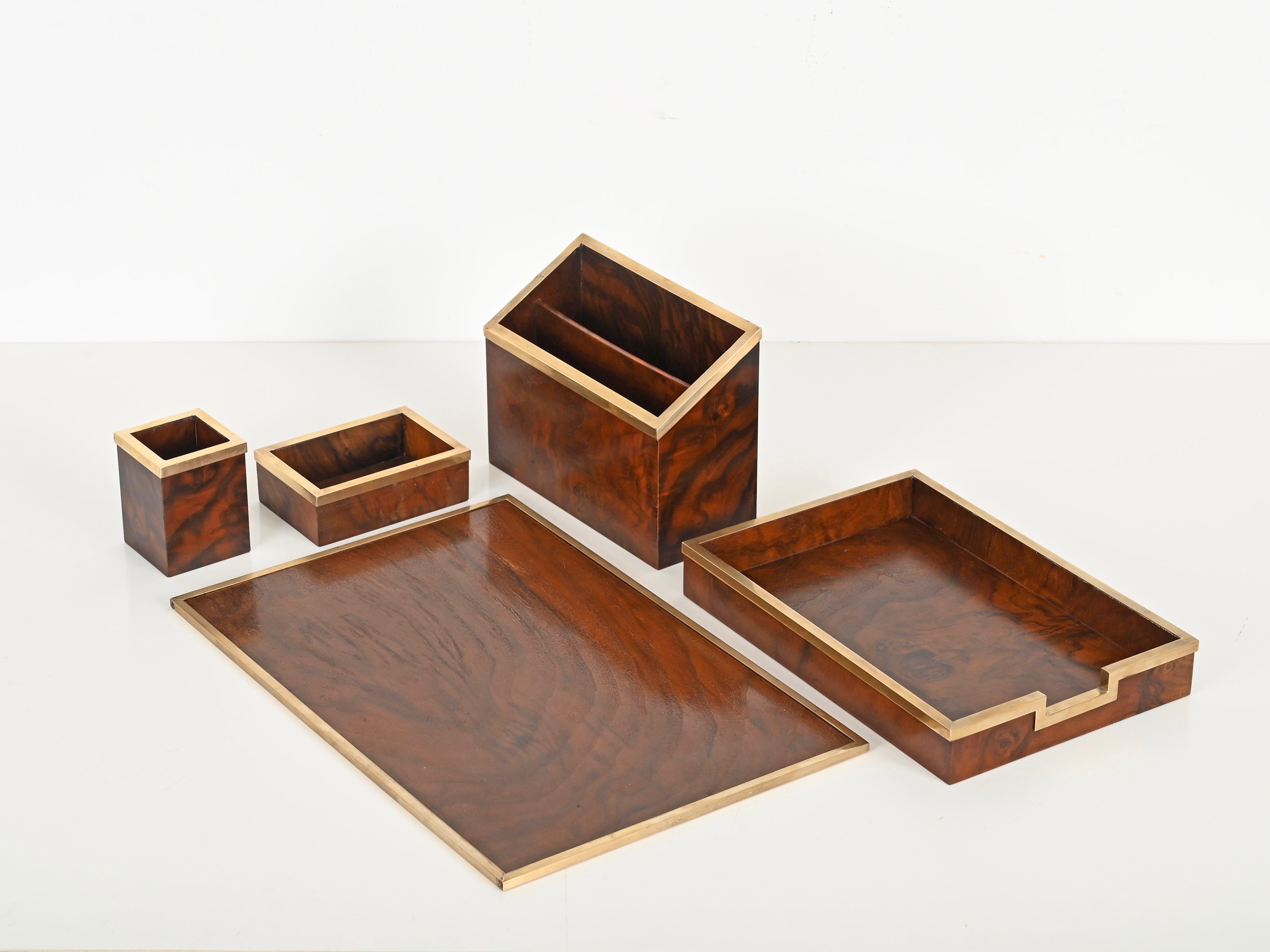Signed Tommaso Barbi Mid-Century Desk Set of 5 in Burl and Brass, Italy 1970s 1