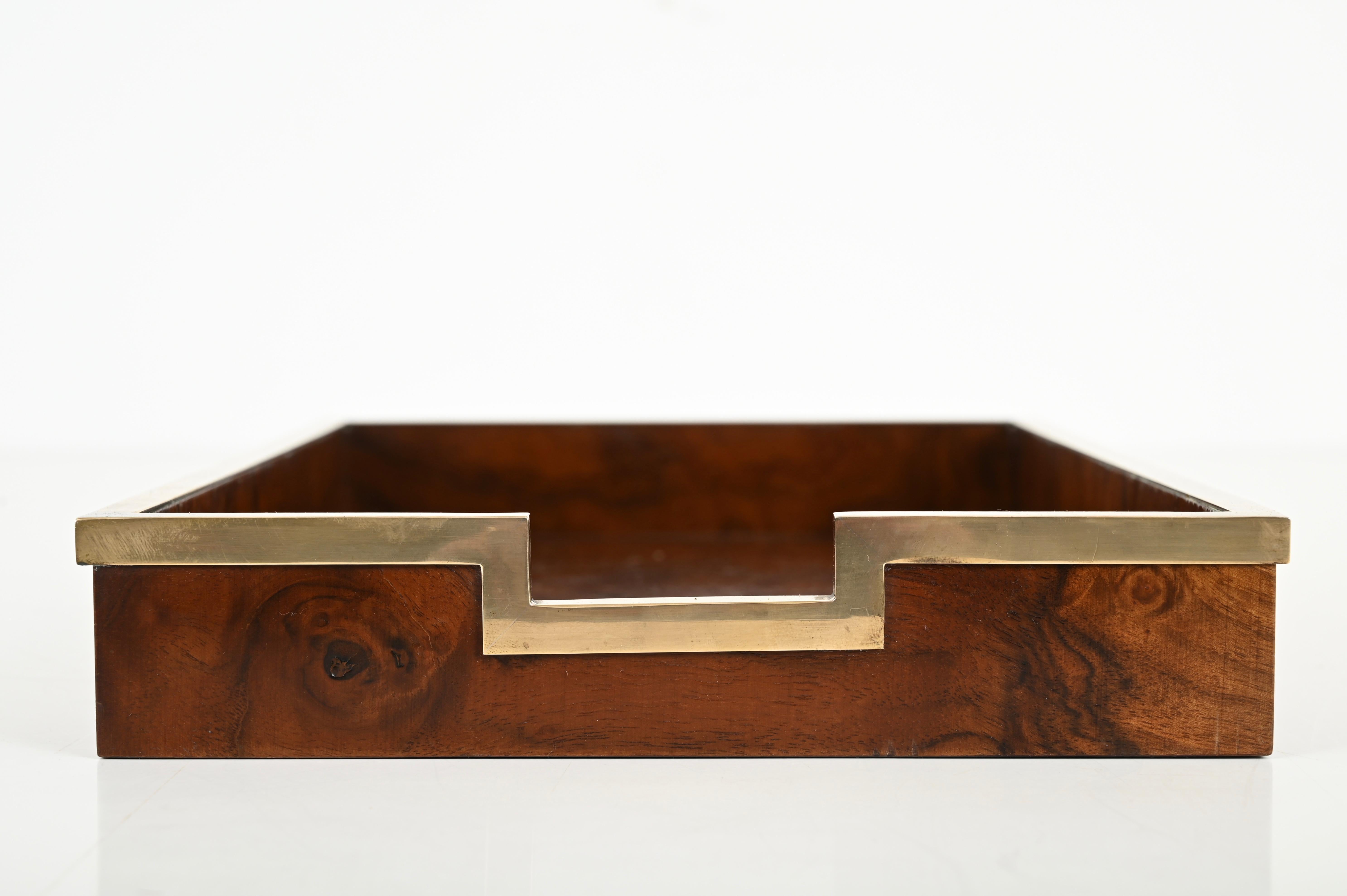 Signed Tommaso Barbi Mid-Century Desk Set of 5 in Burl and Brass, Italy 1970s 2