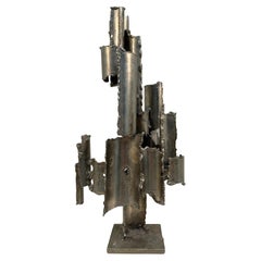 Signed Torch Cut Brutalist Sculptural Metal Candelabra by Marcello Fantoni