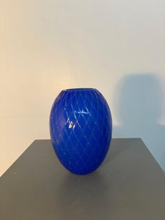 Signed Toso Murano Cobalt Blue Glass Vase with Gold Lattice Design