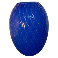 Signed Toso Murano Cobalt Blue Glass Vase with Gold Lattice Design
