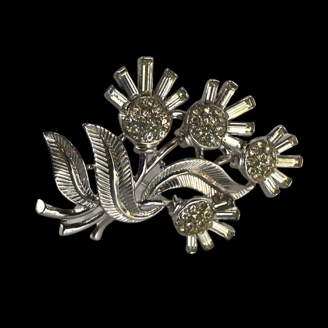 Art Deco Signed  Trifari  Vintage Rhinestone Set of Floral Clip on Earrings & Pin For Sale