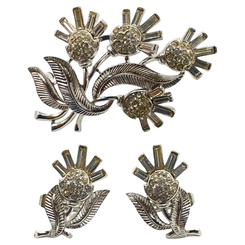 Signed  Trifari  Vintage Rhinestone Set of Floral Clip on Earrings & Pin