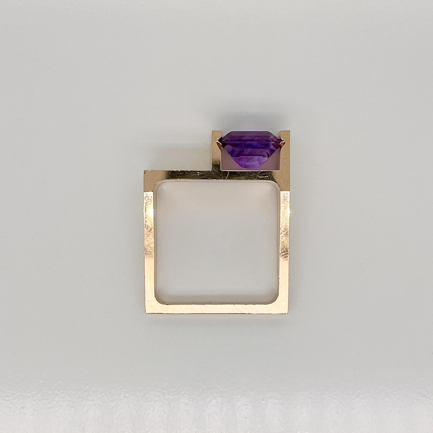Princess Cut Signed Trisko 14 Karat Gold & Amethyst Cocktail Ring For Sale