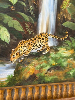 Signed Tropical Leopard Waterfall Acrylic Painting in Carved Gilt Wood Frame