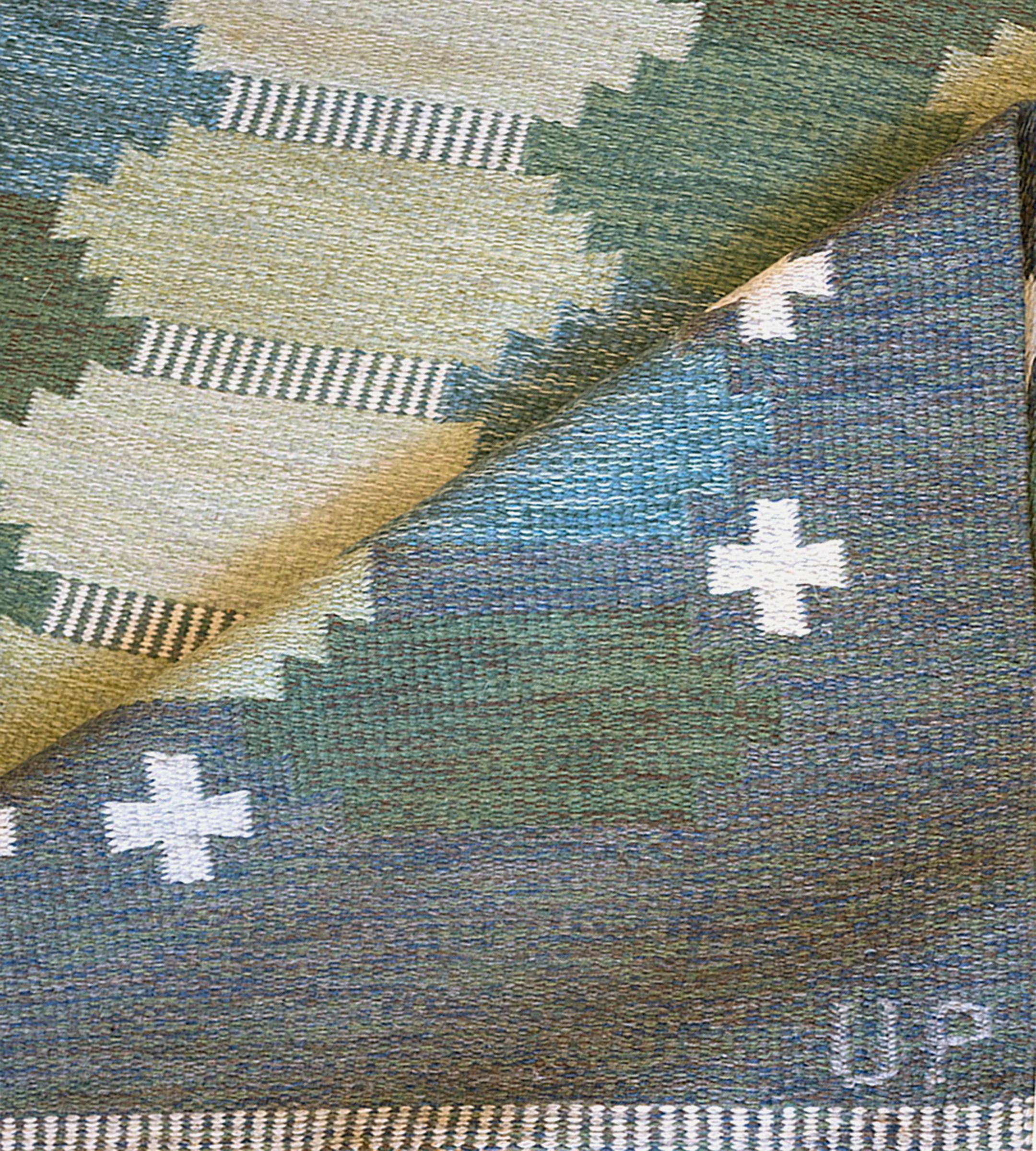 Mid-20th Century Signed Ulla Parkdah Green Wool Mid-century Handwoven Swedish Flat-Weave Rug For Sale