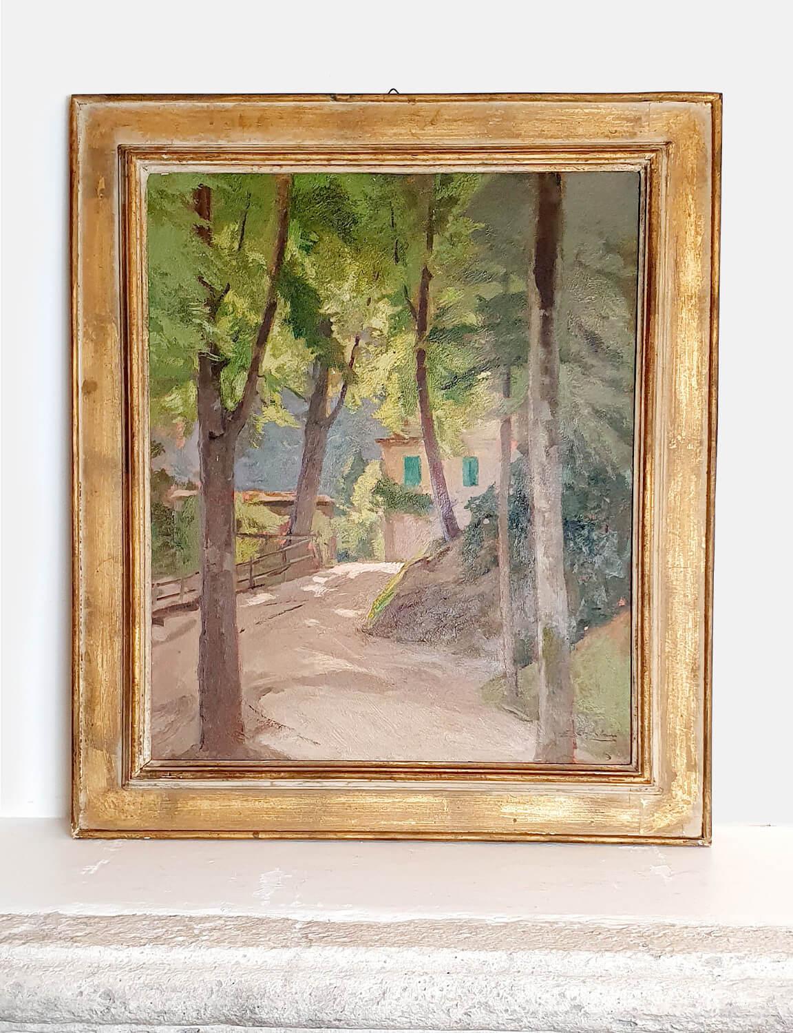 Enrico Ortalani (1883-1972) was an Italian painter who trained at The Academy of Fine Arts in Rome. Many of his paintings were of the Umbrian and Roman countryside. This painting portrays a typical Umbrian Villa shielded in the woods. The painting