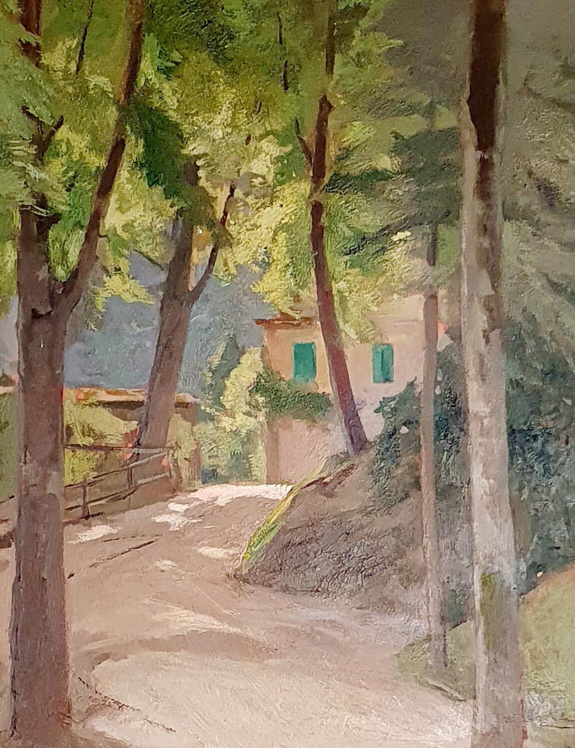 SIGNED Umbrian Villa Oil Painting by Enrico Ortalani 1883-1972 In Good Condition For Sale In Florence, Tuscany