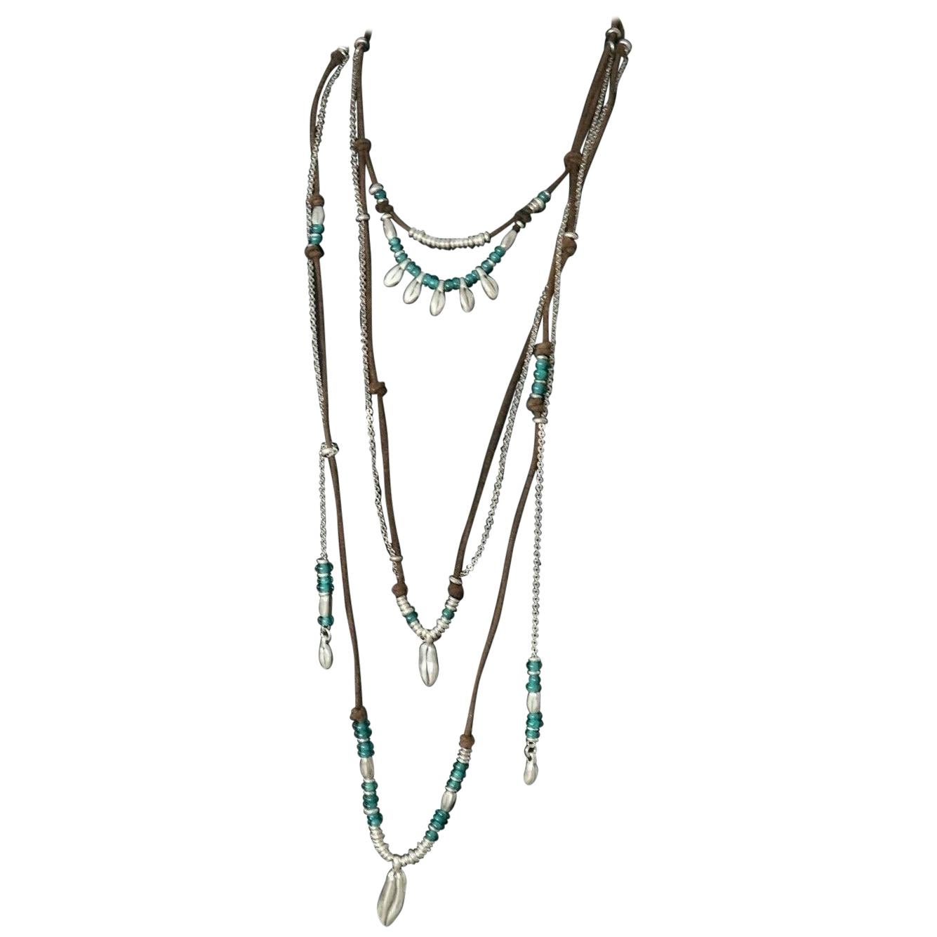 Signed Uno De 50 Turquoise Murano Glass Bead Multi Tier Silver Leather Necklace For Sale