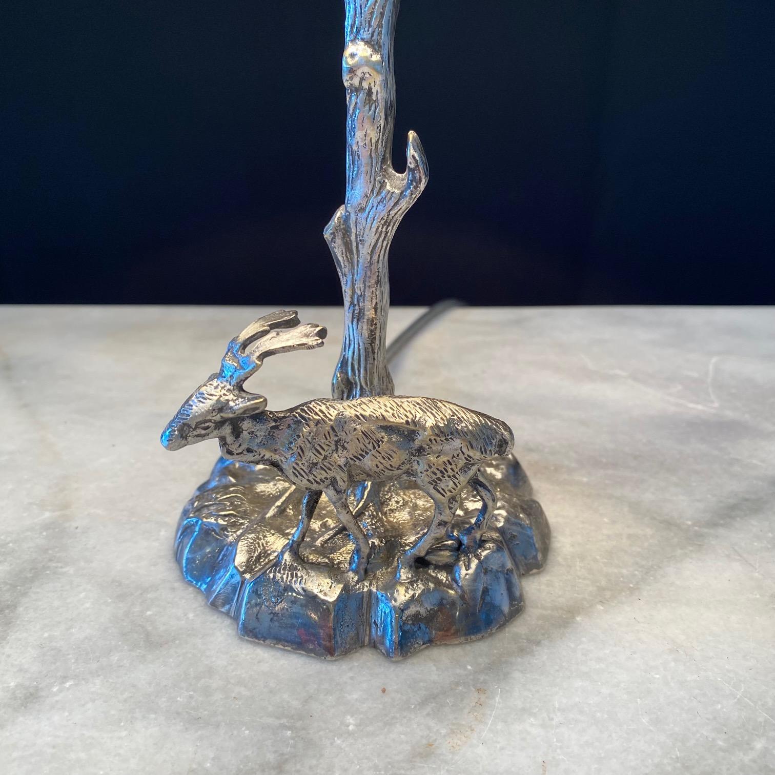 Valenti stag or deer table lamp from the 1970’s. Fine quality solid silvered bronze sculpture by the highly sought after Spanish artist Valenti: depicts a wild stag and tree. This sculpture depicts a wild stag under a finely sculpted tree with