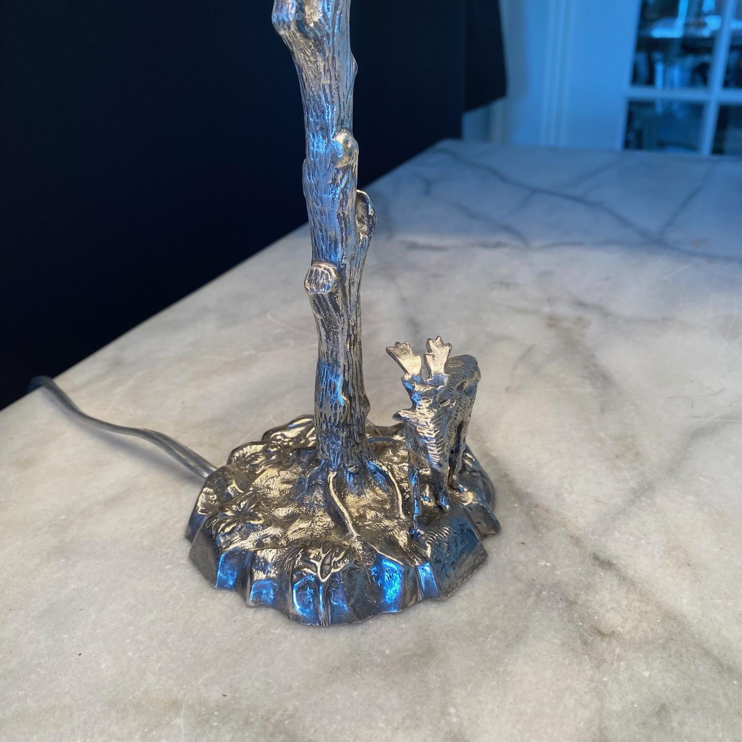 Late 20th Century Signed Valenti Stag or Deer Sculpture Silver on Bronze Table Lamp For Sale