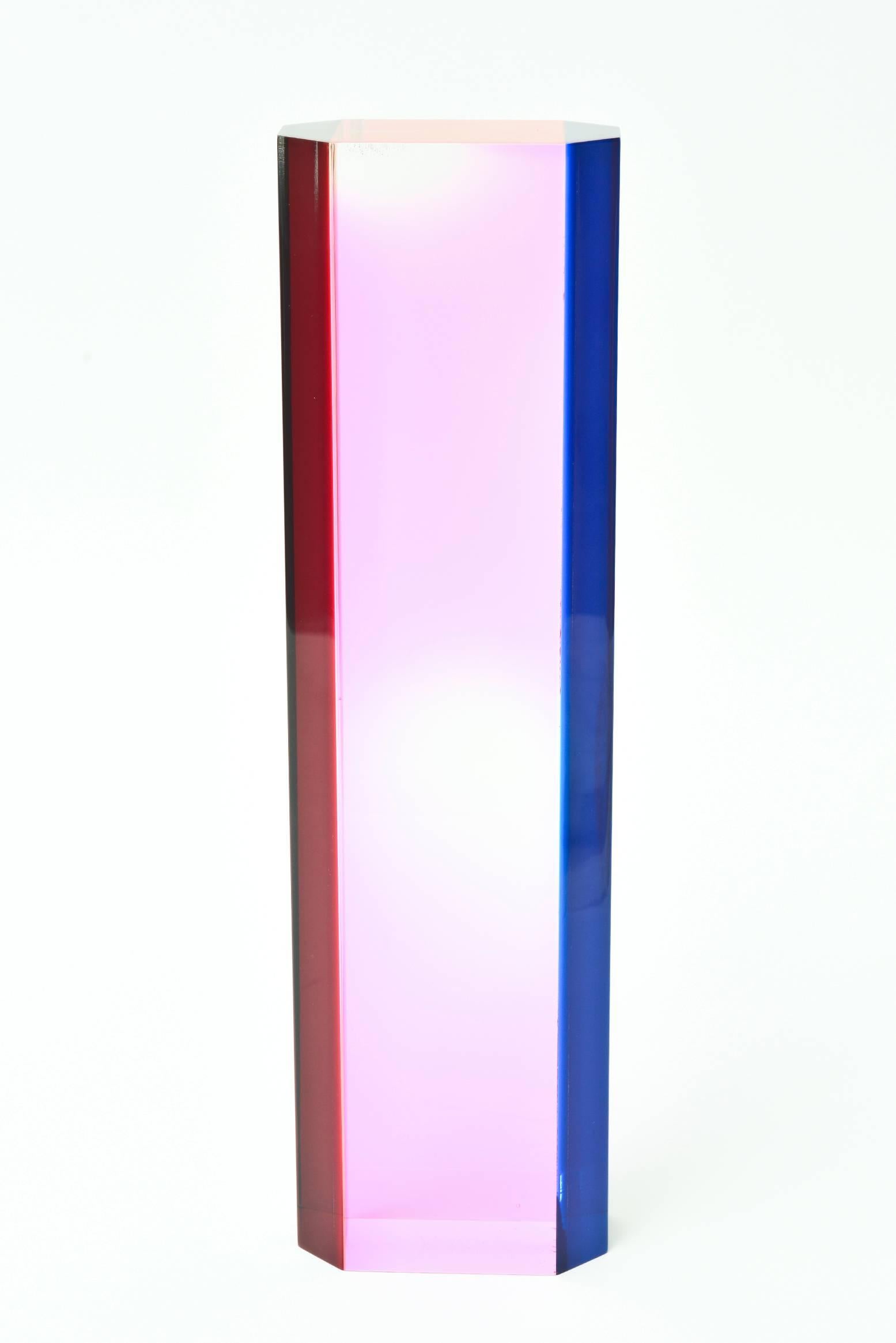 This early Vasa signed and dated Laminated Lucite tower sculpture changes colors with each direction. It is numbered #8254 Vasa 76. At that time, he was very succinct about recording all information, The layers of color are brilliant.