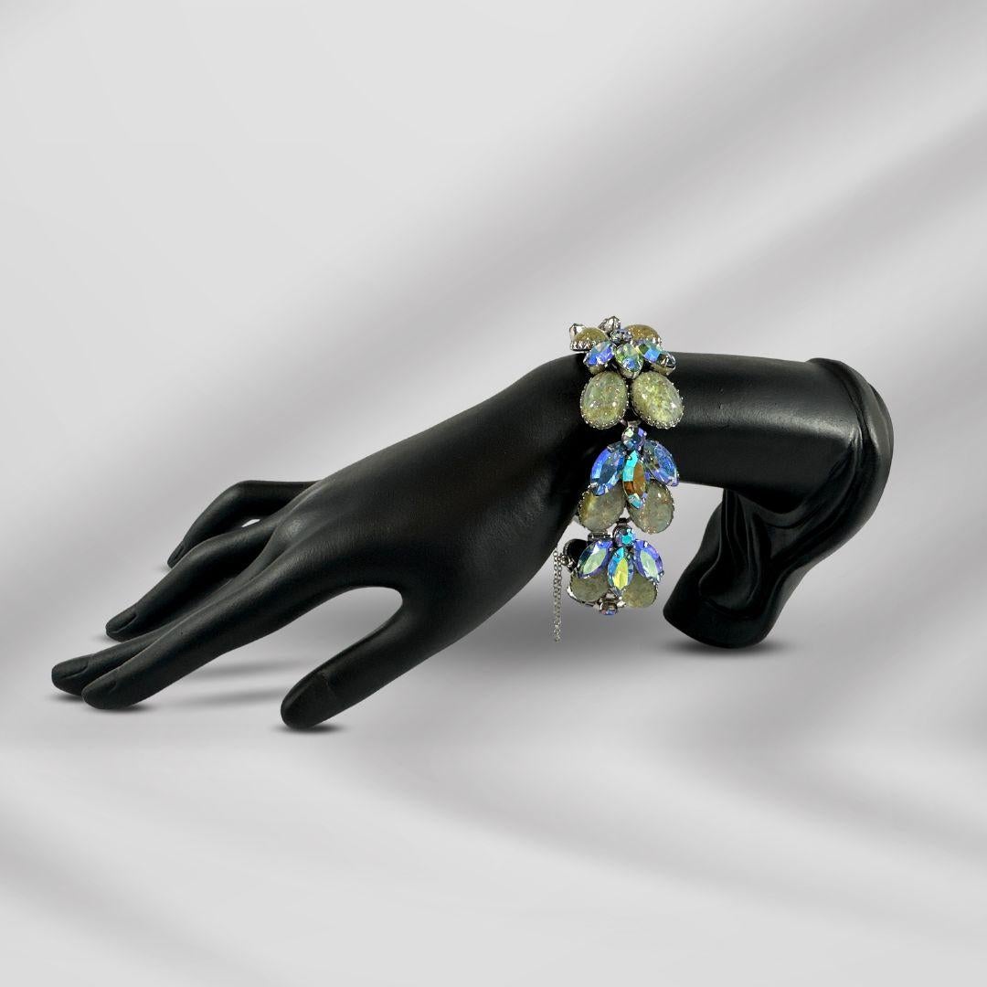 Art Deco Signed Vendome Vintage Green Glass and Rhinestone Link Bracelet For Sale