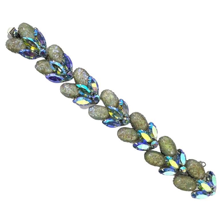 Signed Vendome Vintage Green Glass and Rhinestone Link Bracelet For Sale