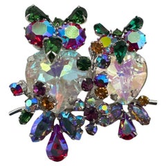 Signed Vendome Antique Multi Color Glass Owl Brooch 