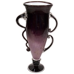 Signed Venetian Murano Purple, Black and Clear Hand Blown Art Glass Flower Vase