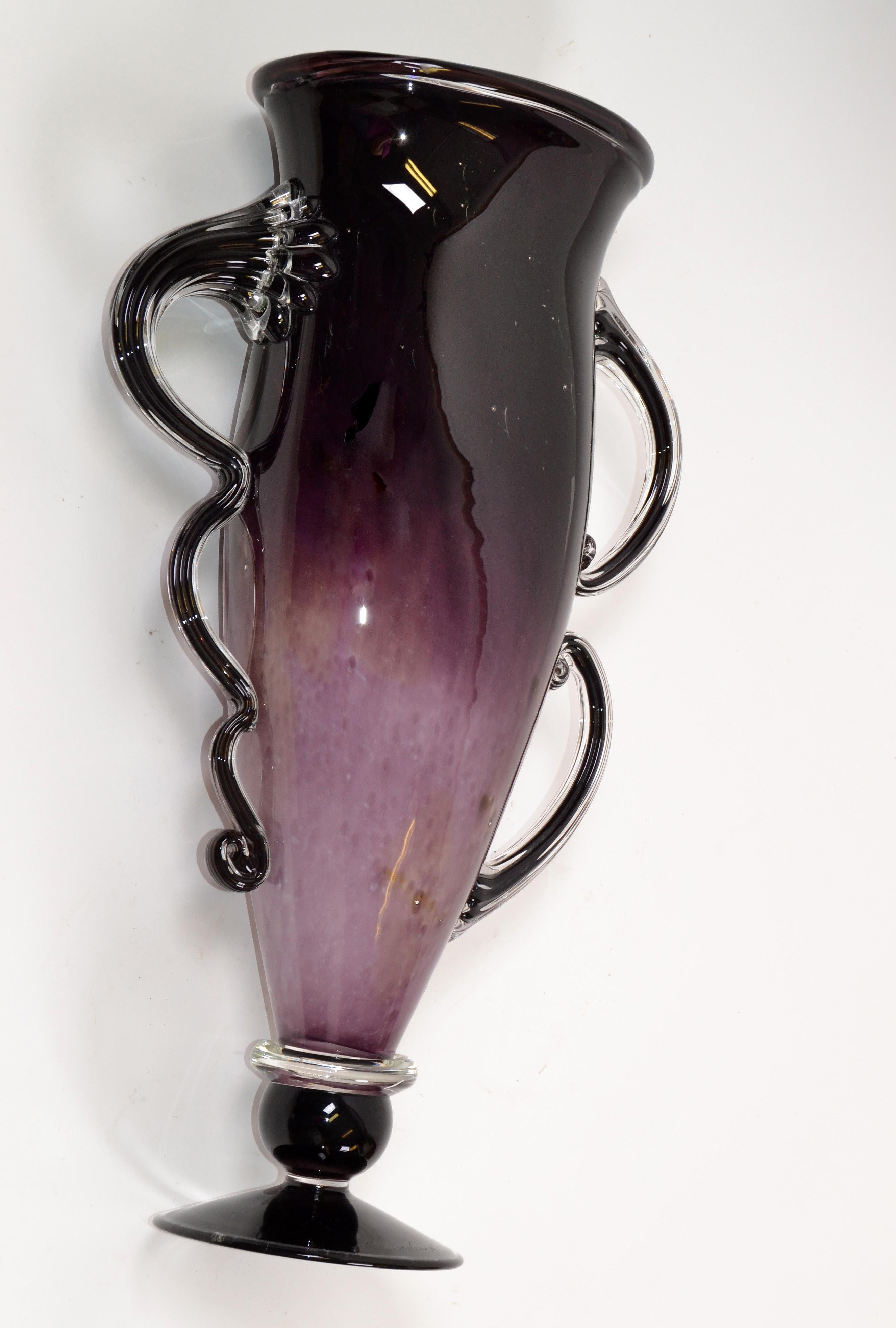 Signed Venetian Murano Purple, Black and Clear Hand Blown Art Glass Flower Vase 2