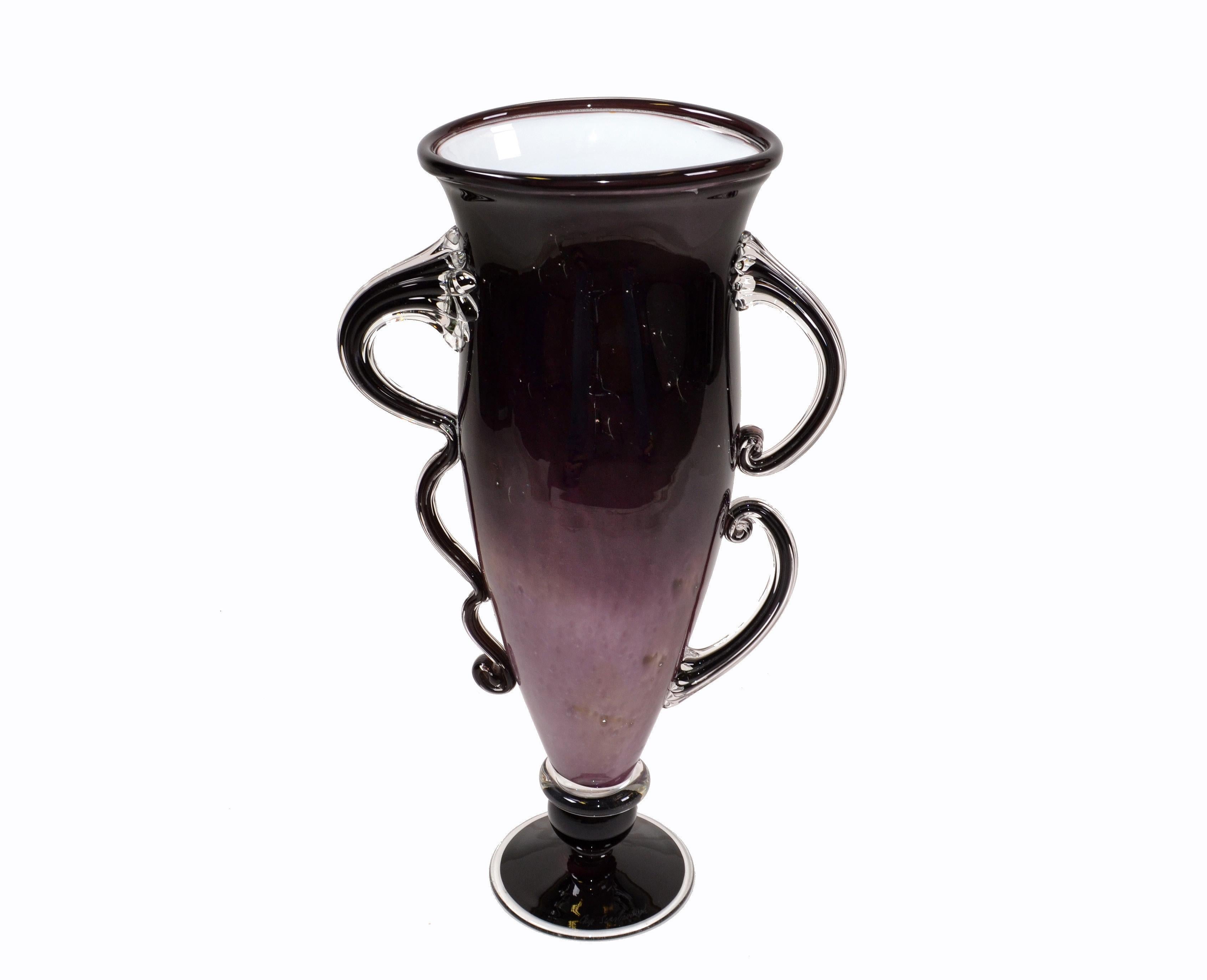 Signed Venetian Murano Purple, Black and Clear Hand Blown Art Glass Flower Vase 5