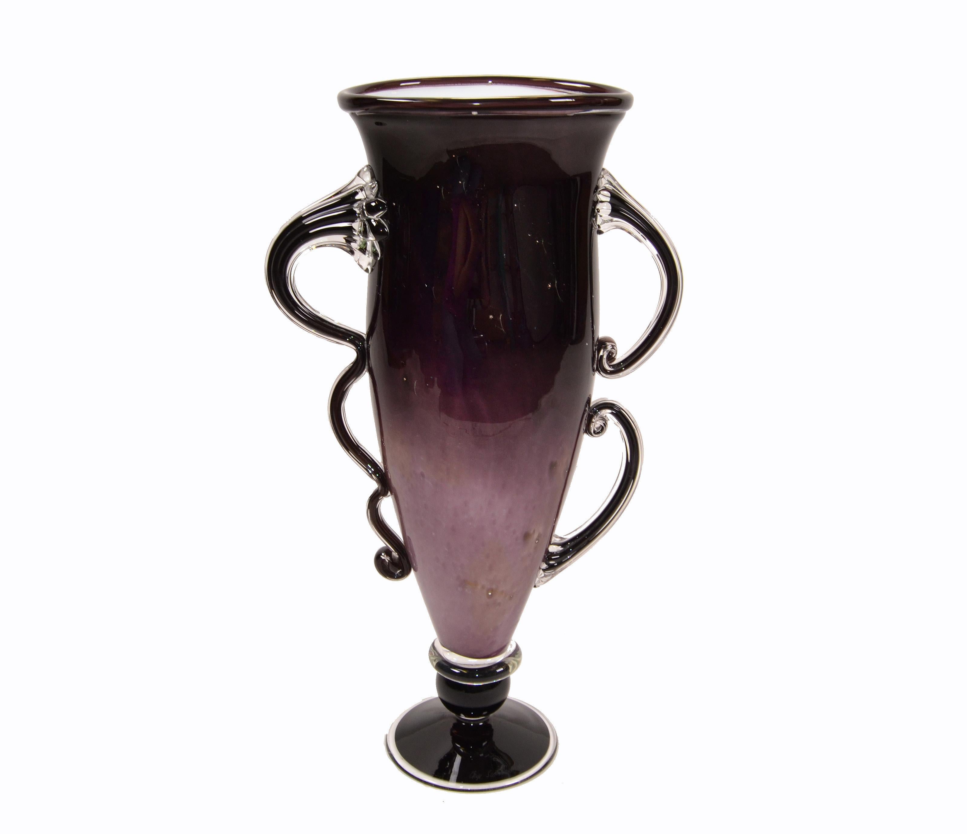 Tall Venetian Murano purple, black and clear hand blown art glass flower vase for a table or the floor.
Signed by the artist at the base.
  