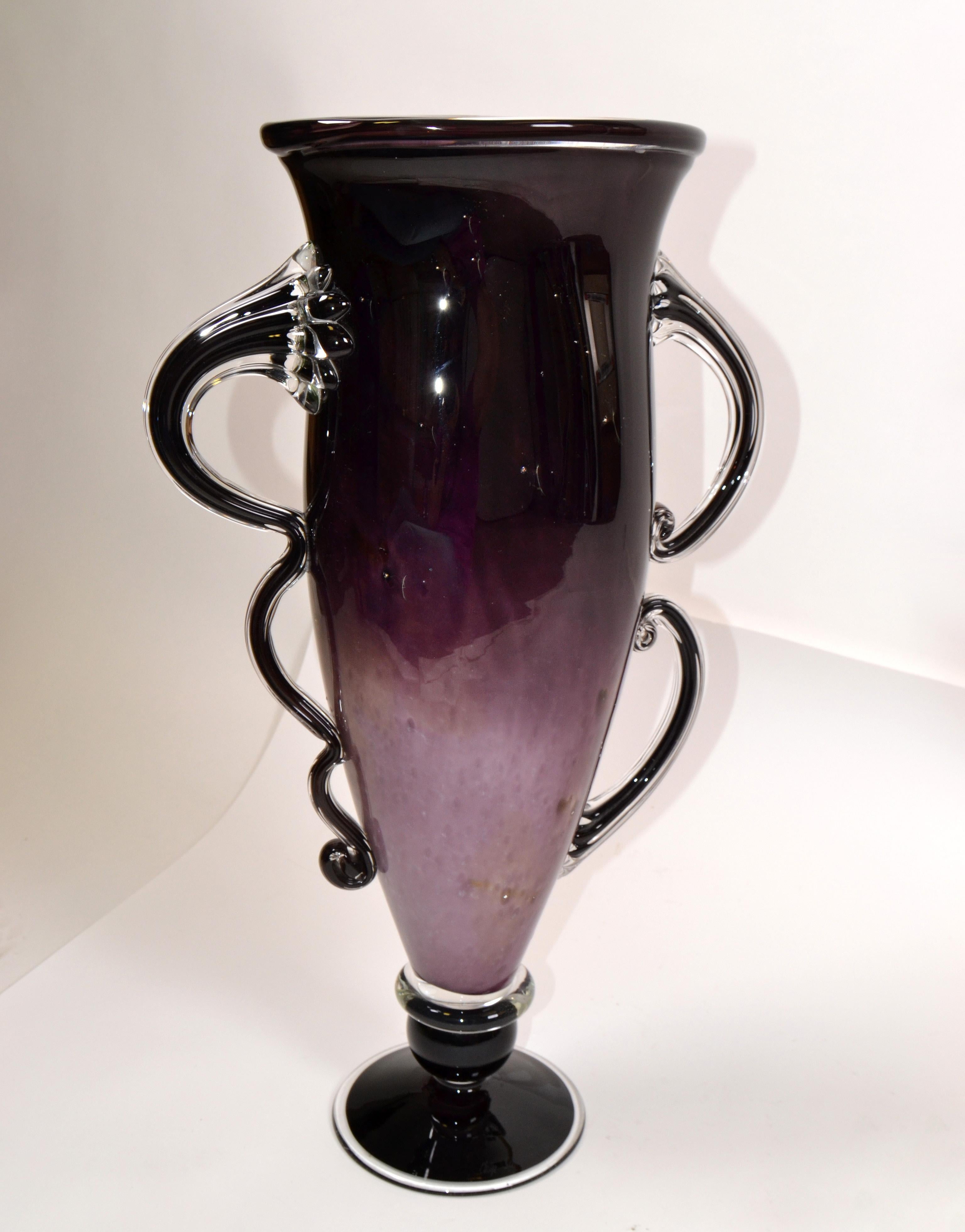 Mid-Century Modern Signed Venetian Murano Purple, Black and Clear Hand Blown Art Glass Flower Vase