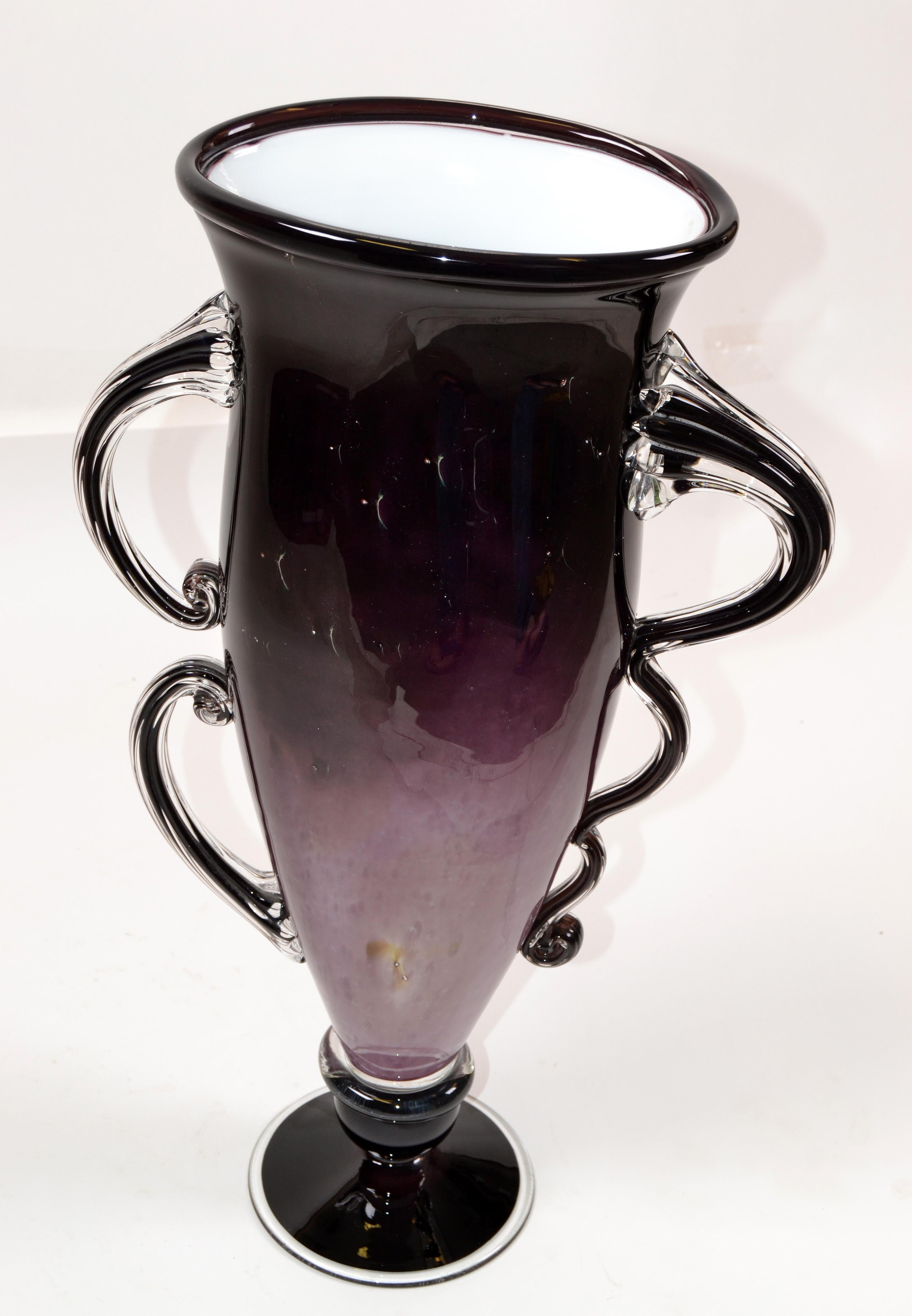 Italian Signed Venetian Murano Purple, Black and Clear Hand Blown Art Glass Flower Vase