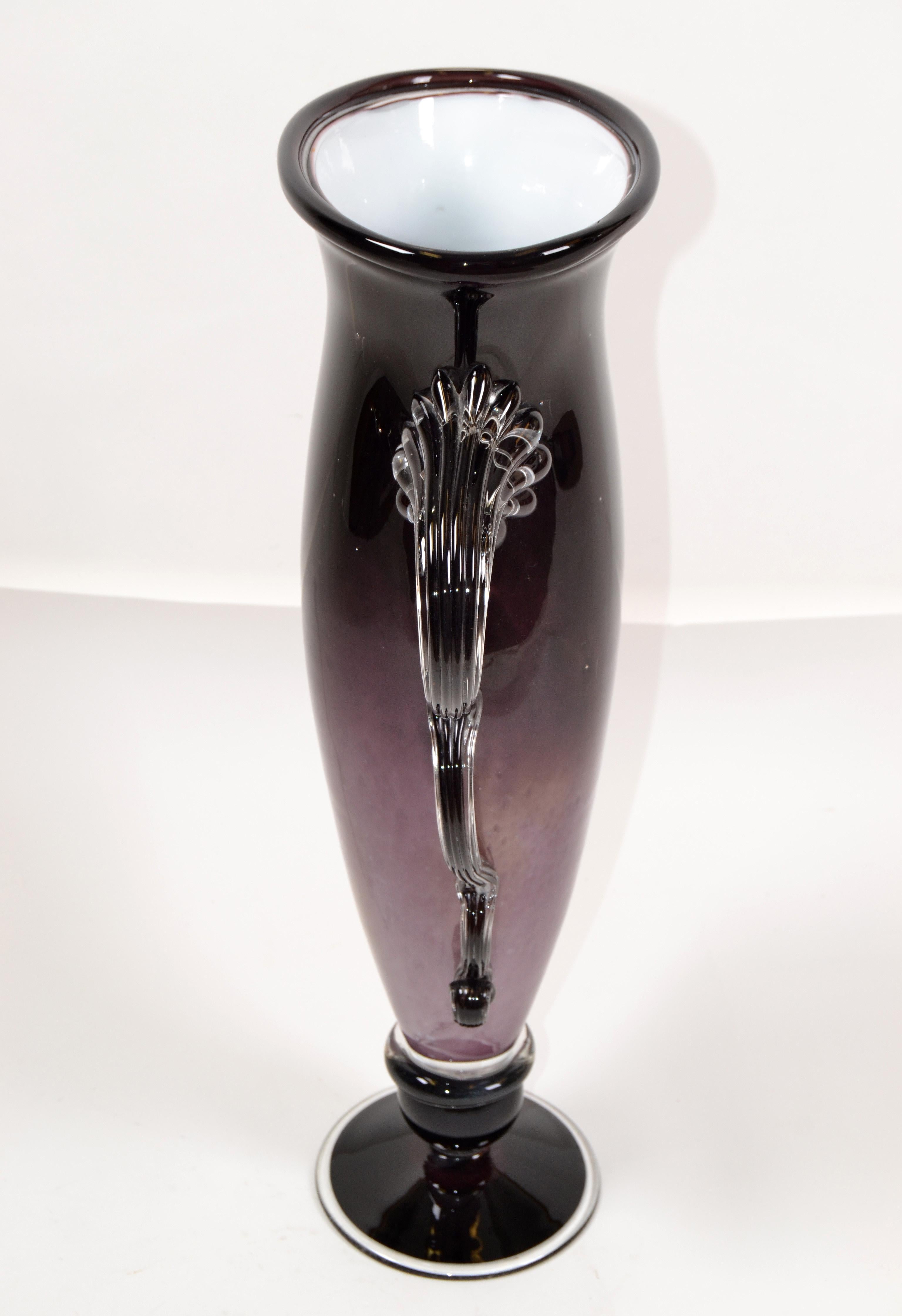 Signed Venetian Murano Purple, Black and Clear Hand Blown Art Glass Flower Vase In Good Condition In Miami, FL