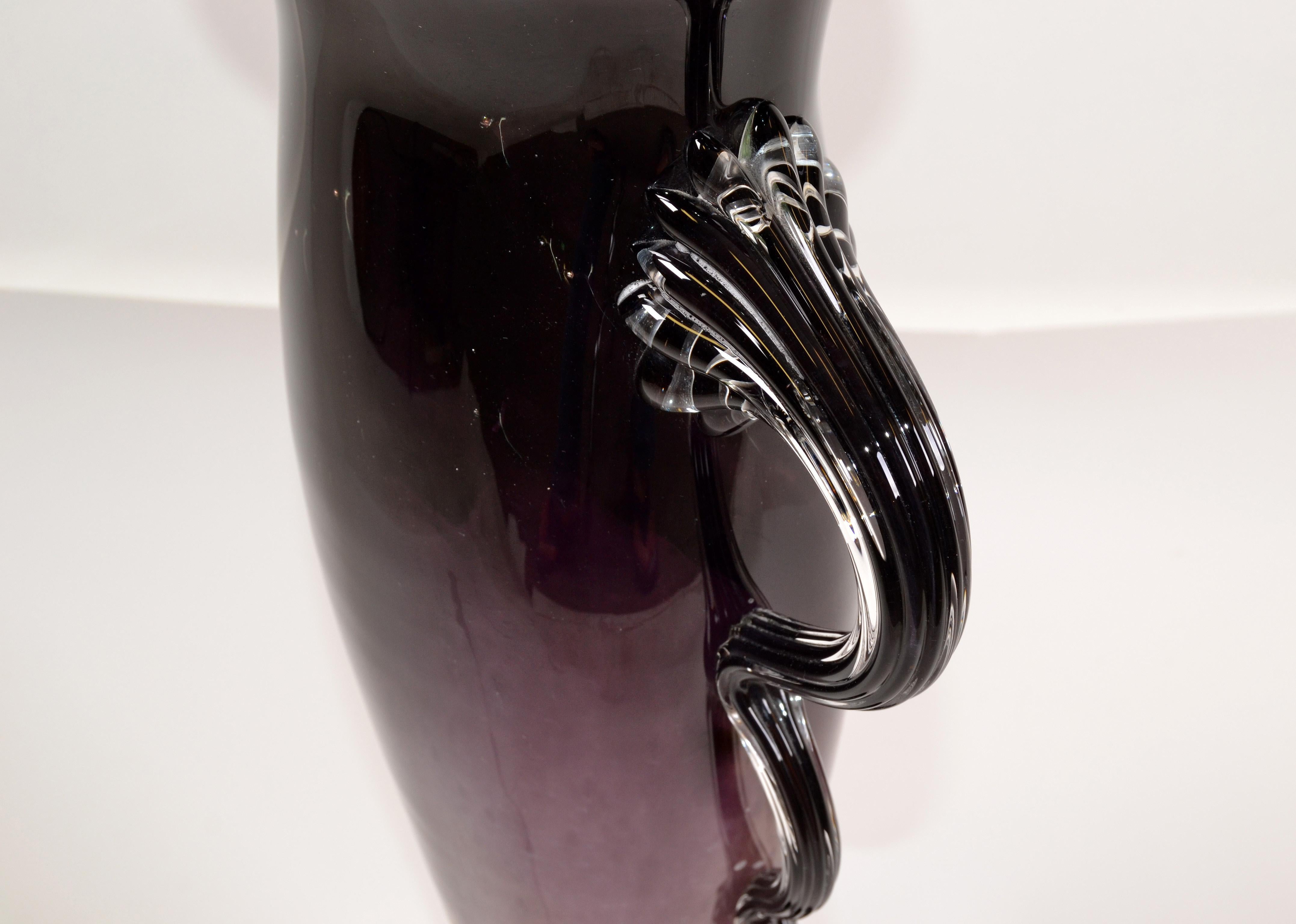 Signed Venetian Murano Purple, Black and Clear Hand Blown Art Glass Flower Vase 1