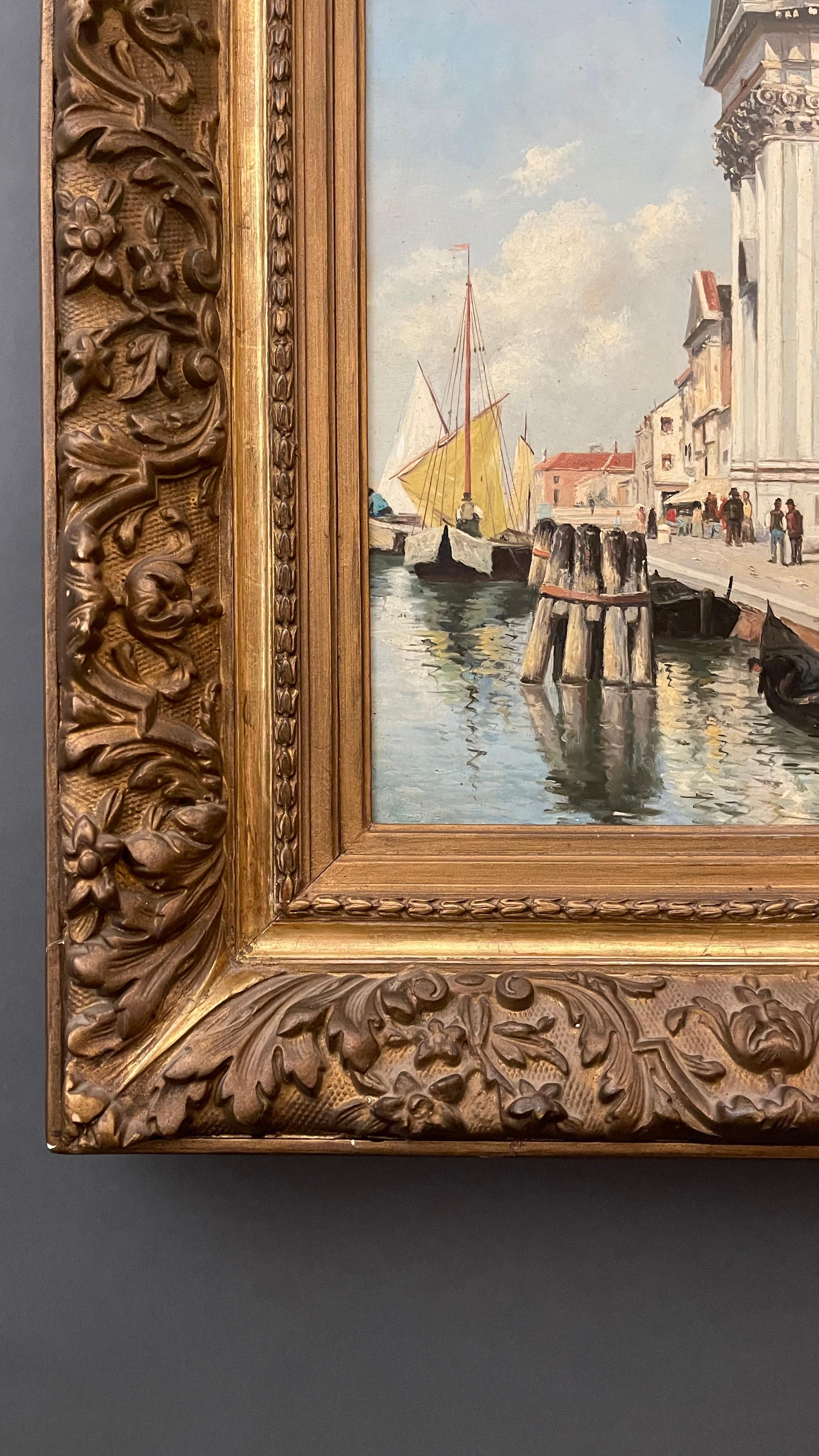 Very bright Venice painting oil on panel with frame from early 20th century by a Rubens Santoro follower
Housed in a beautiful, molded hand carved giltwood and gesso frame gilded with gold leaves.
Panel in excellent overall condition.

Every item of