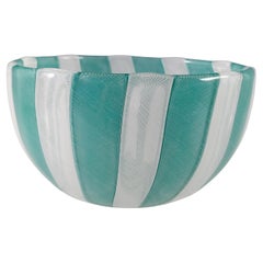 SIGNED Venini Murano Turquoise & White Glass Zanfirico Bowl by Carlo Scarpa