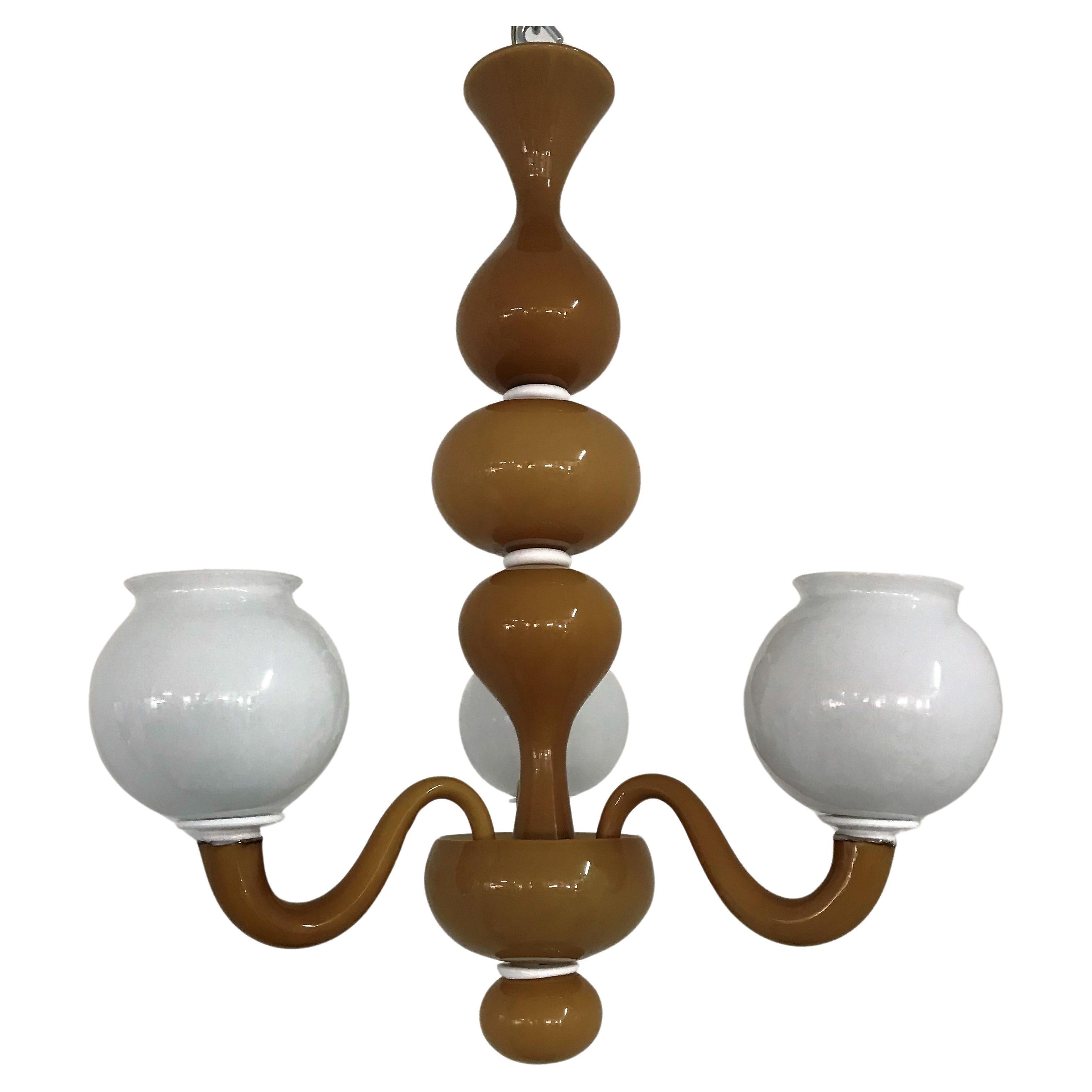 Signed Venini Three-Light Chandelier "Lattimo" Murano Glass, 1940 Model 960/12-3 For Sale