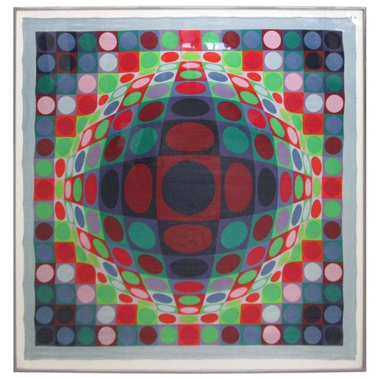 Firmado, Victor Vasarely 1969 Op Art Pañuelo de seda Serigrafía