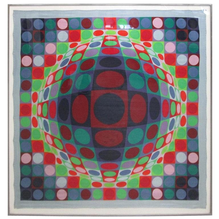 Signed, Victor Vasarely 1969 Op Art Silk Scarf Screen-Print For Sale