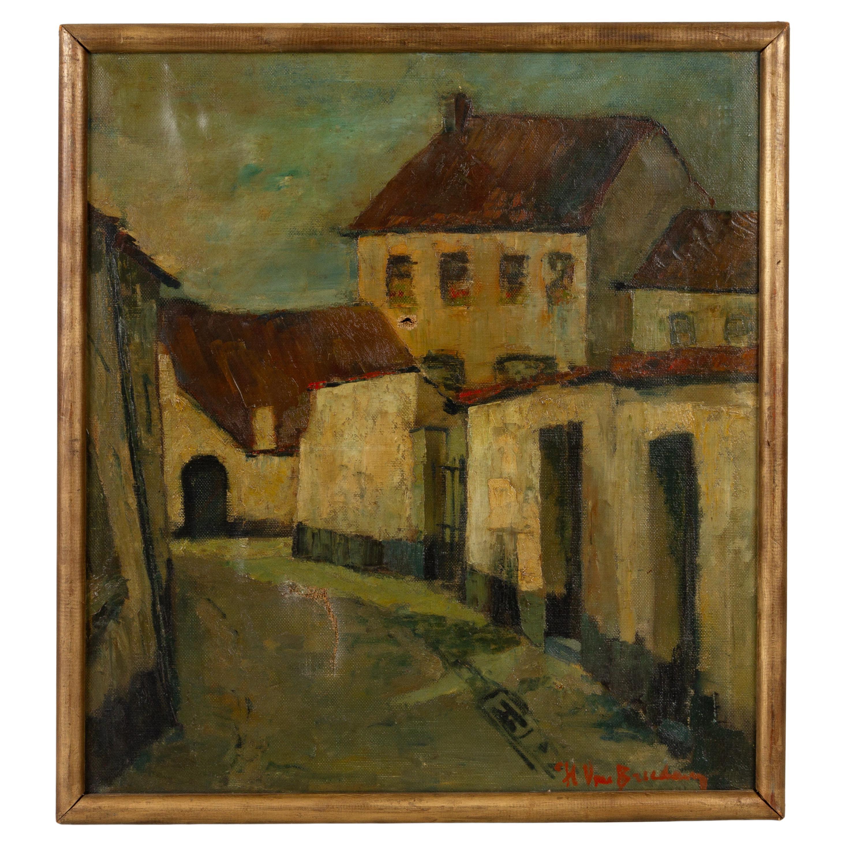 Peinture à l'huile du début du 20e siècle, signée, paysage de village 