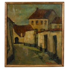 Peinture à l'huile du début du 20e siècle, signée, paysage de village 