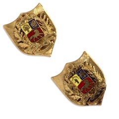 Signed Vintage 18K Gold Heraldic Enamel Shield Cufflinks