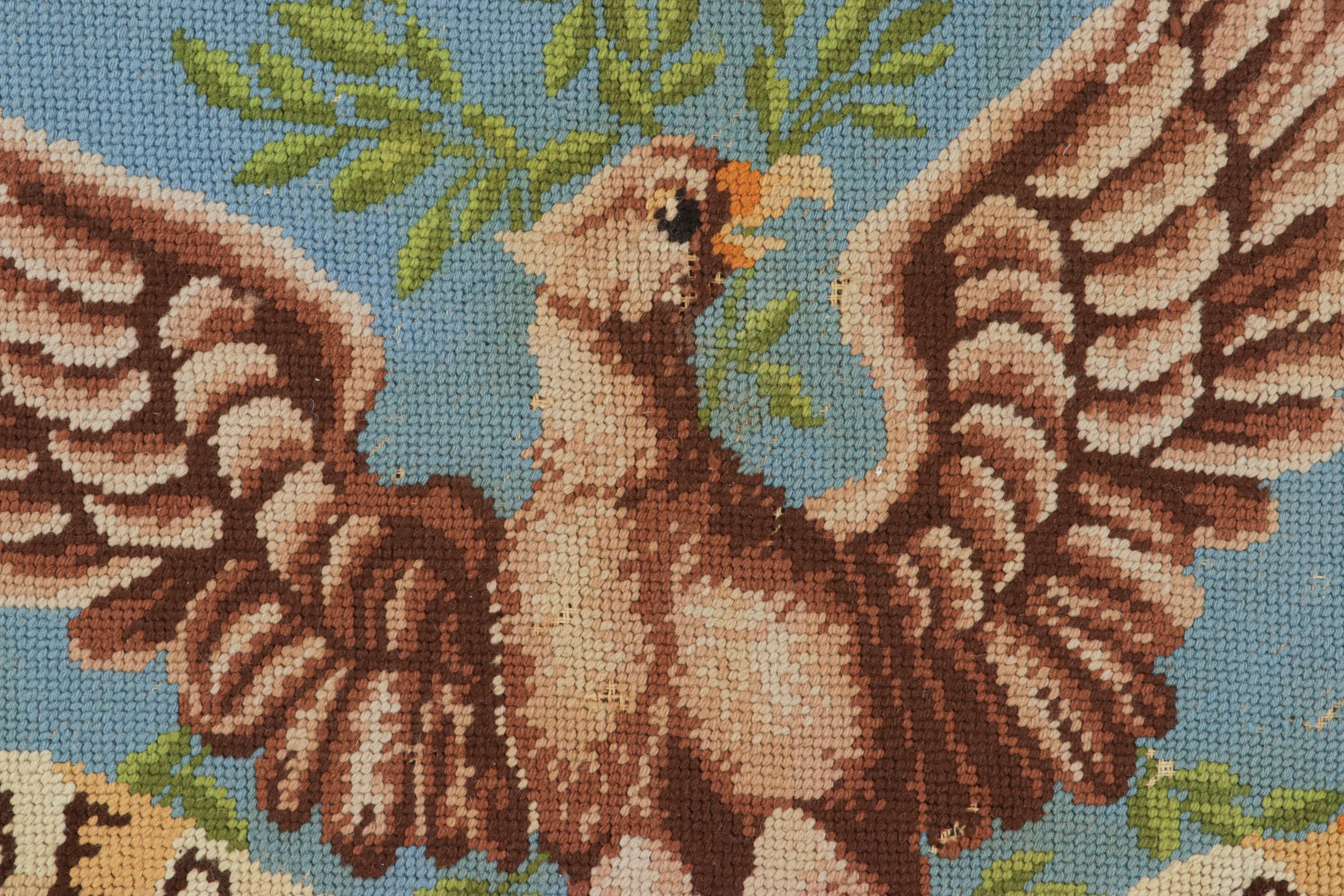 Hand-Knotted Signed Vintage American Needlepoint and Blue Pictorial Rug, from Rug & Kilim For Sale