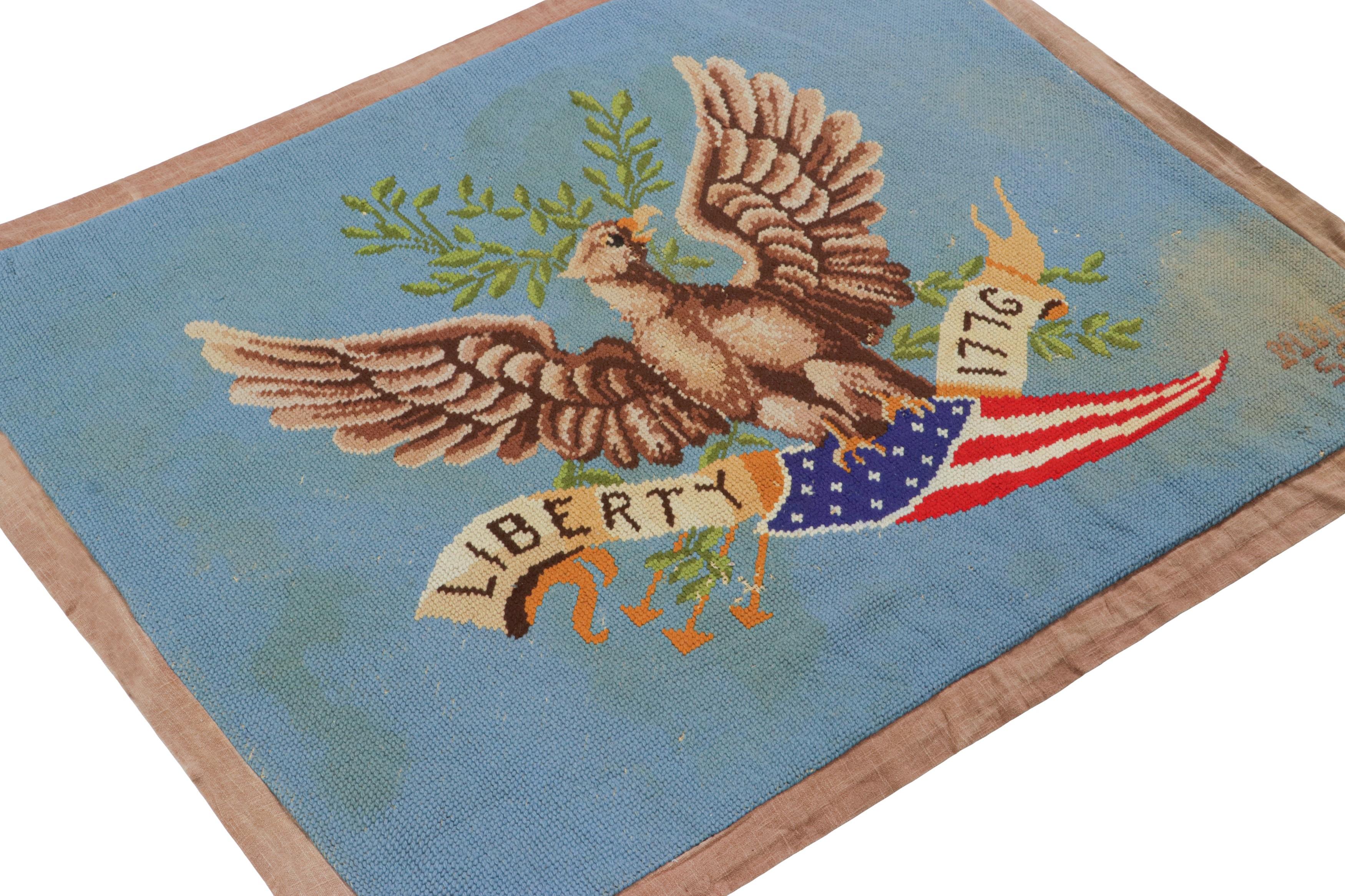 Signed Vintage American Needlepoint and Blue Pictorial Rug, from Rug & Kilim In Good Condition For Sale In Long Island City, NY