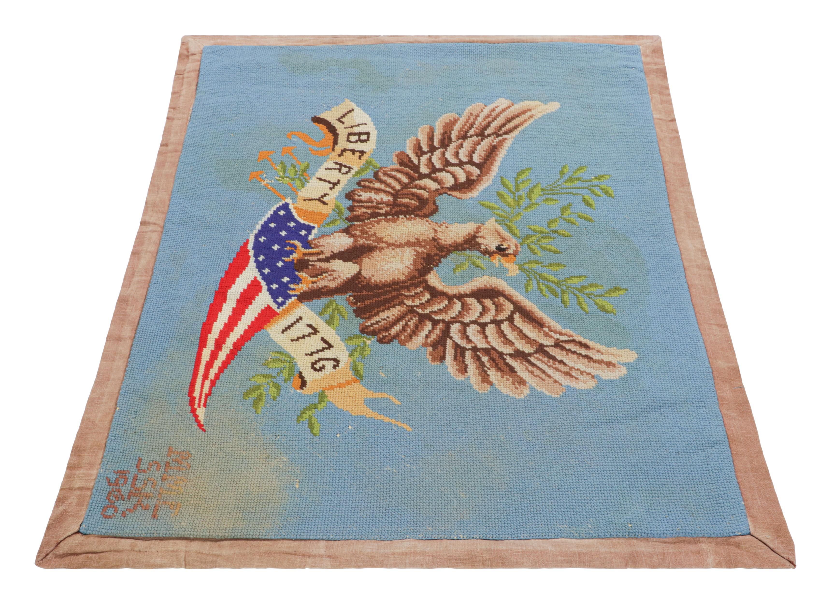 Mid-20th Century Signed Vintage American Needlepoint and Blue Pictorial Rug, from Rug & Kilim For Sale