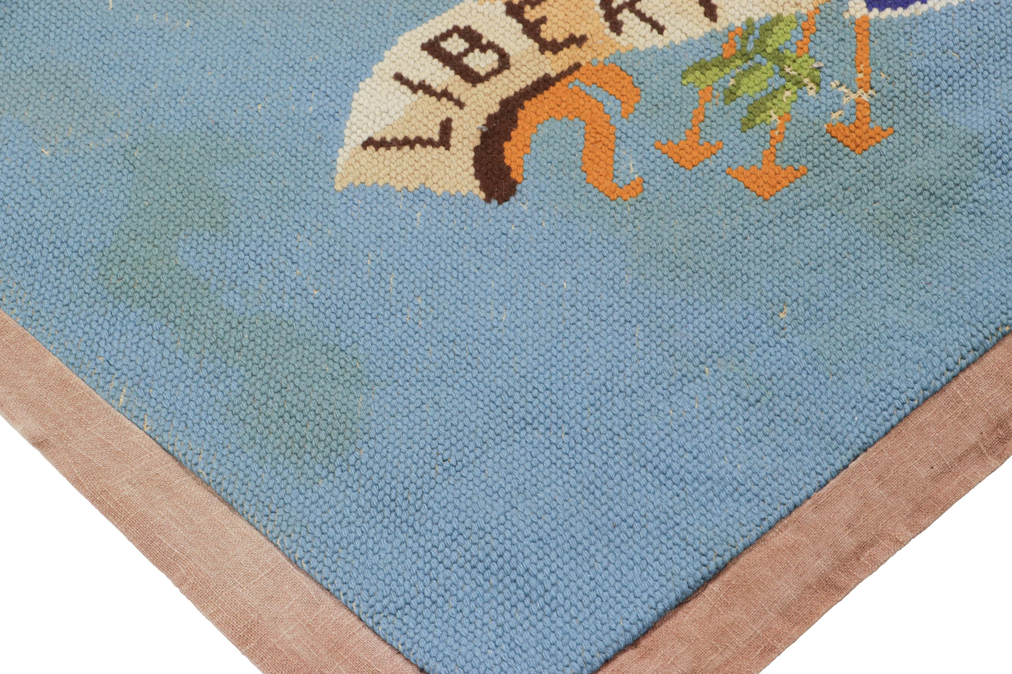 Wool Signed Vintage American Needlepoint and Blue Pictorial Rug, from Rug & Kilim For Sale