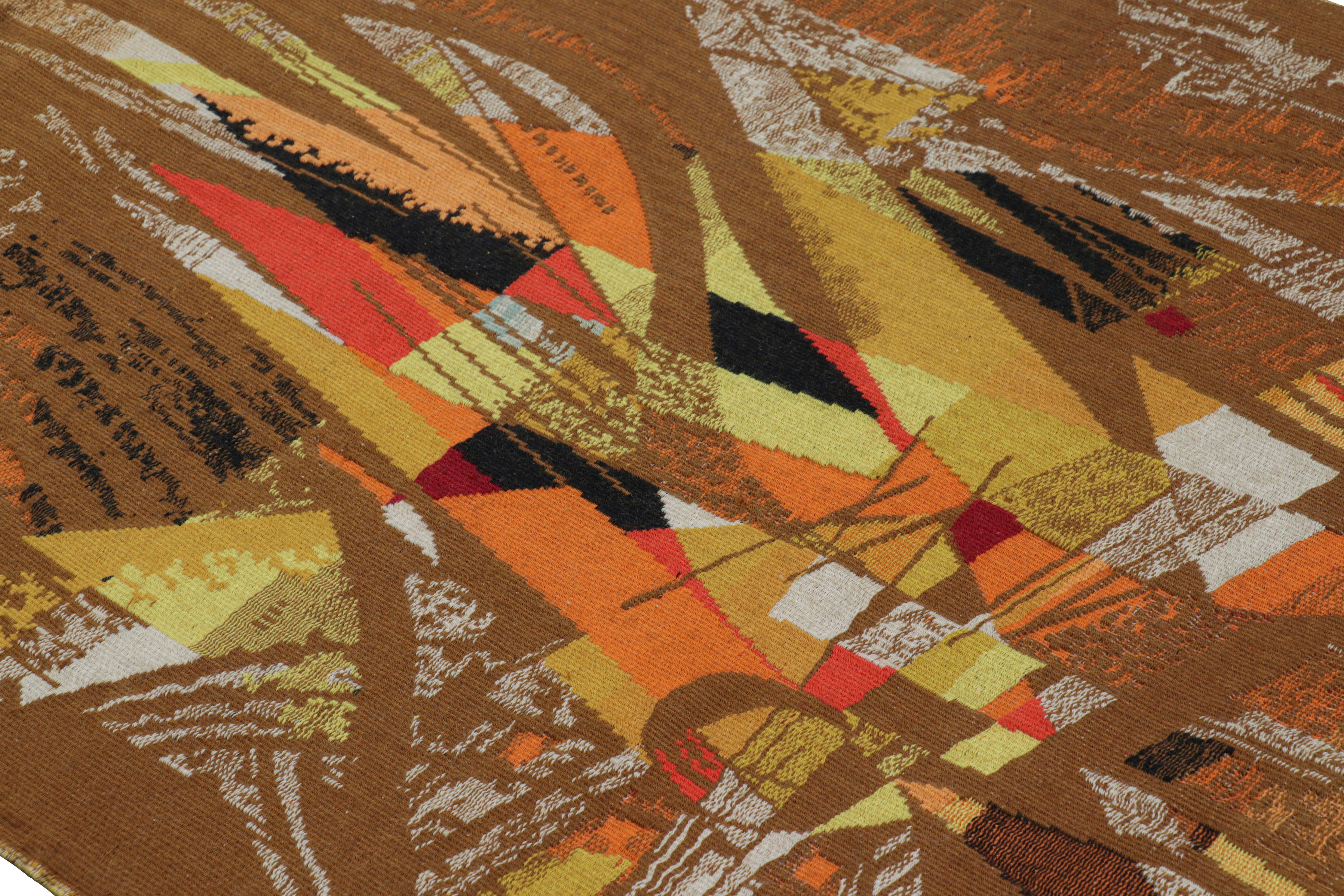 Handwoven in wool and originating from France circa 1950, this 4×5 vintage tapestry is a signed collectible from Andre Maurice, a distinguished French visual artist known for his significant contributions to the world of tapestry art. 

On the