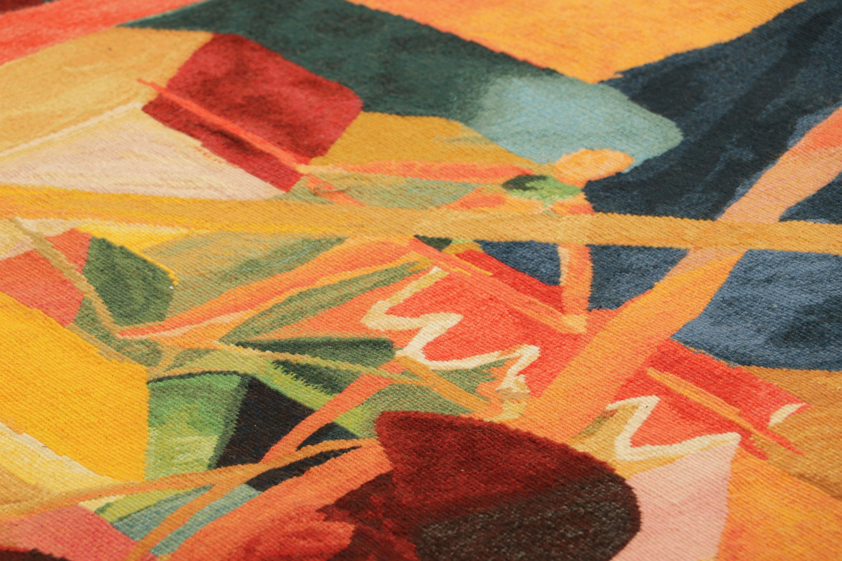 Dieser aus Wolle handgewebte Wandteppich im Format 3x4 mit Ursprung in Frankreich (ca. 1950-1960) ist ein signiertes Sammlerstück aus den Aubusson-Adaptionen von Werken des deutschen Künstlers August Macke - dieses besondere Design trägt den Titel 