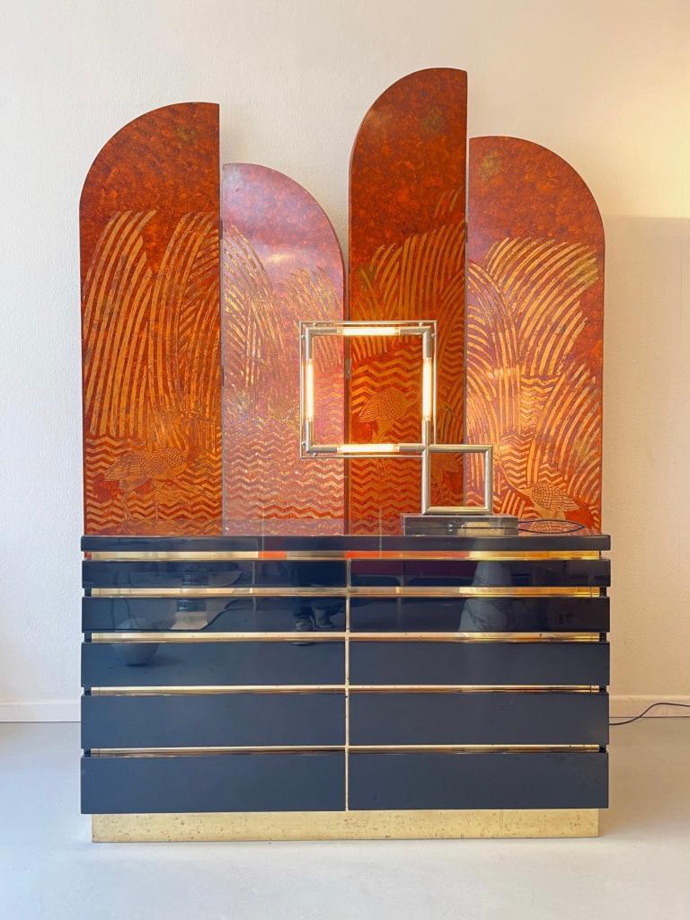 Signed Vintage Blue Lacquer & Brass Dresser by Jean Claude Mahey, France 1970s For Sale 5