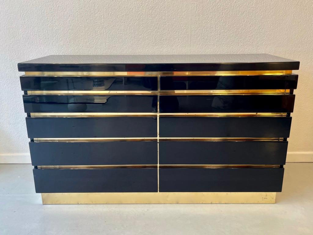 Late 20th Century Signed Vintage Blue Lacquer & Brass Dresser by Jean Claude Mahey, France 1970s For Sale