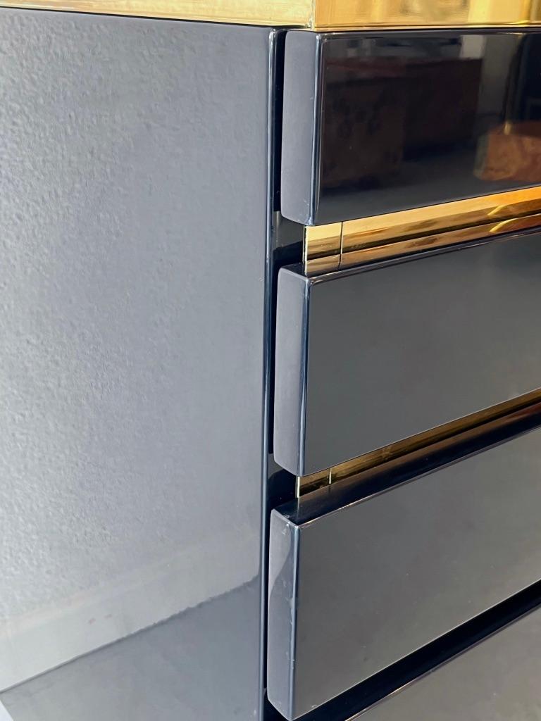 Late 20th Century Signed Vintage Blue Lacquer & Brass Dresser by Jean Claude Mahey, France 1970s For Sale