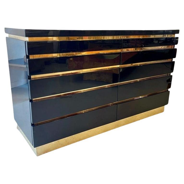 Signed Vintage Blue Lacquer & Brass Dresser by Jean Claude Mahey, France 1970s For Sale