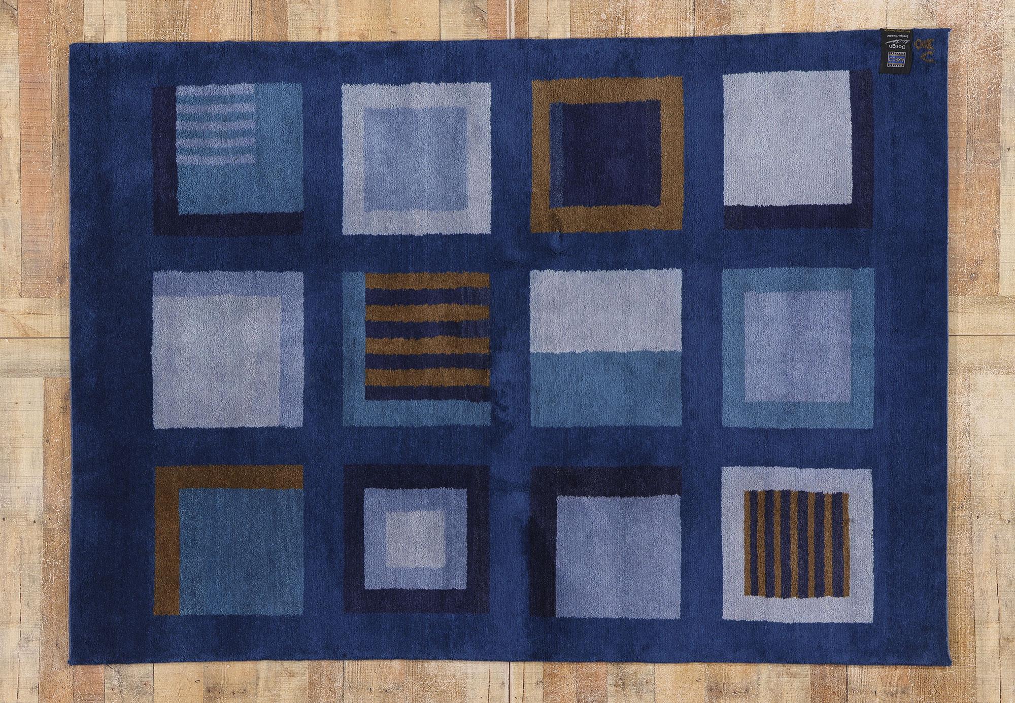 78735 Vintage Blue Swedish Pile Rug, 05'05 x 07'06. Scandinavian Modern meets bold cubism in this hand knotted wool vintage blue Swedish rug, creating a visually striking fusion of geometric abstraction and minimalist design elements with historical