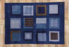 Signed Vintage Blue Swedish Pile Rug, Scandinavian Modern Meets Bold Cubism