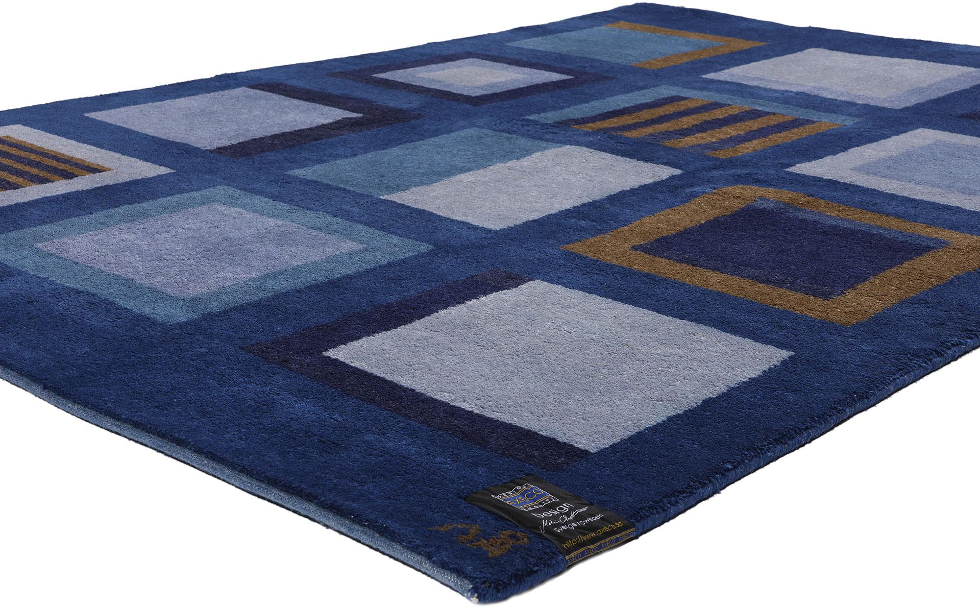 Wool Signed Vintage Blue Swedish Pile Rug, Scandinavian Modern Meets Bold Cubism For Sale