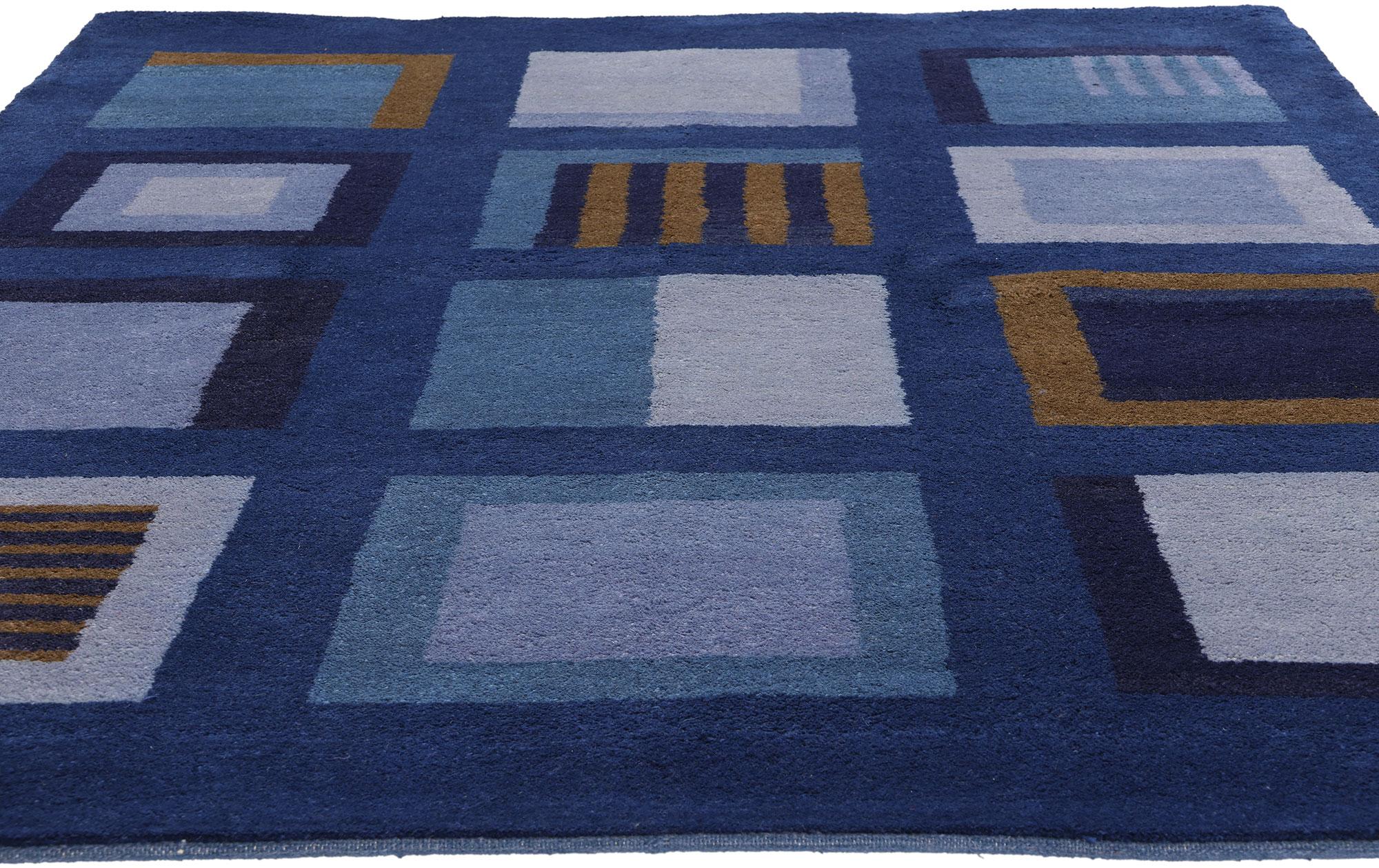 Signed Vintage Blue Swedish Pile Rug, Scandinavian Modern Meets Bold Cubism For Sale 2